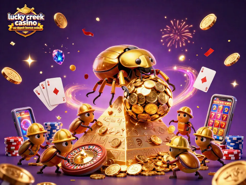 Play and win with lucky creek casino no deposit bonus codes featuring golden beetles and casino elements.