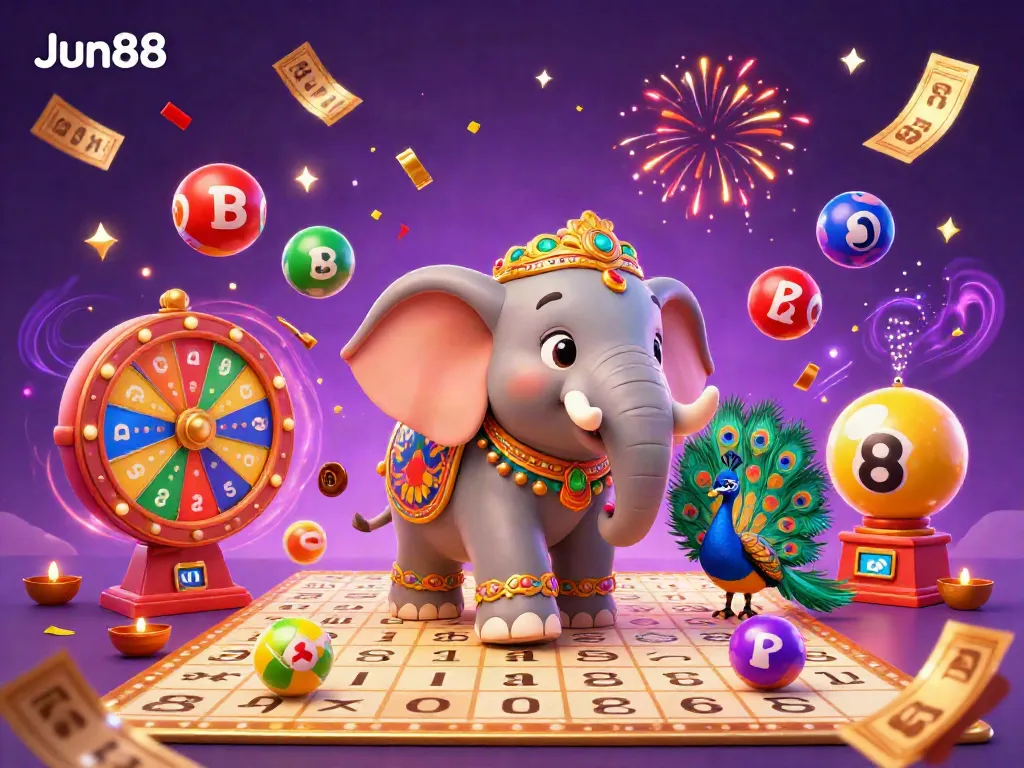 Experience thrilling wins at Jun88 with vibrant lottery balls and a captivating celebration scene.