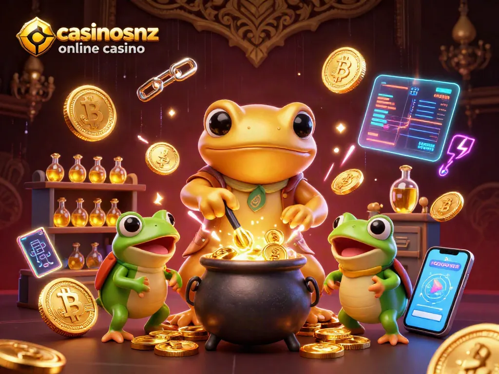 Engage with the magical world of casinosnz online casino featuring mystical alchemists transforming gold amidst vibrant gaming elements.