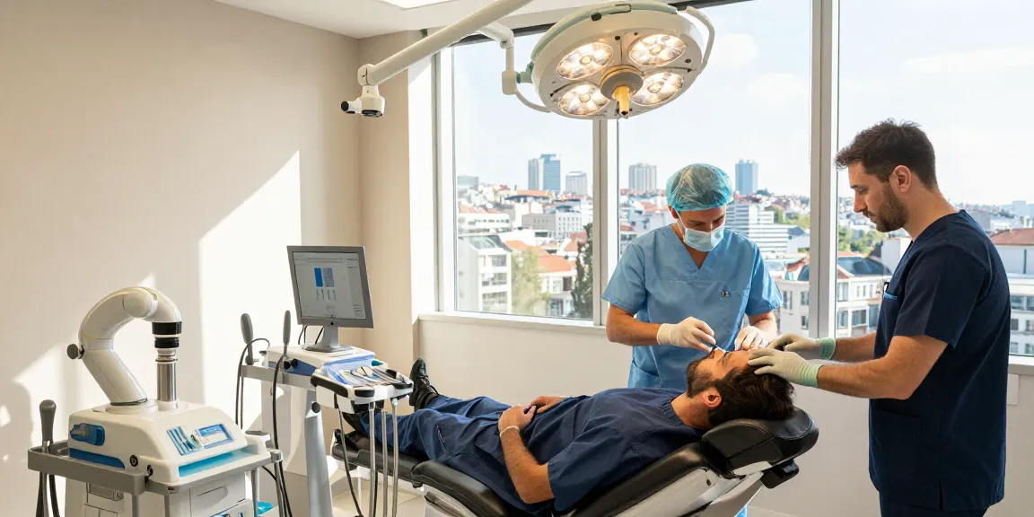 Hair transplant Istanbul with surgeon and patient in modern clinic during procedure.
