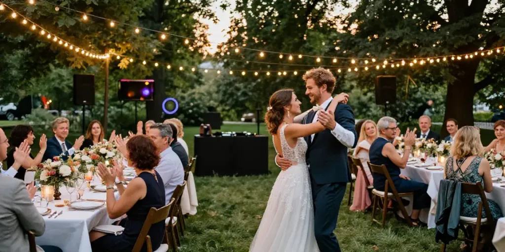 hochzeit DJ berlin brandenburg wedding reception with dancing couple and DJ setup