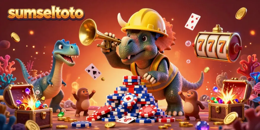 Join the excitement of sumseltoto with a dynamic illustration of casino elements celebrating a winning moment.