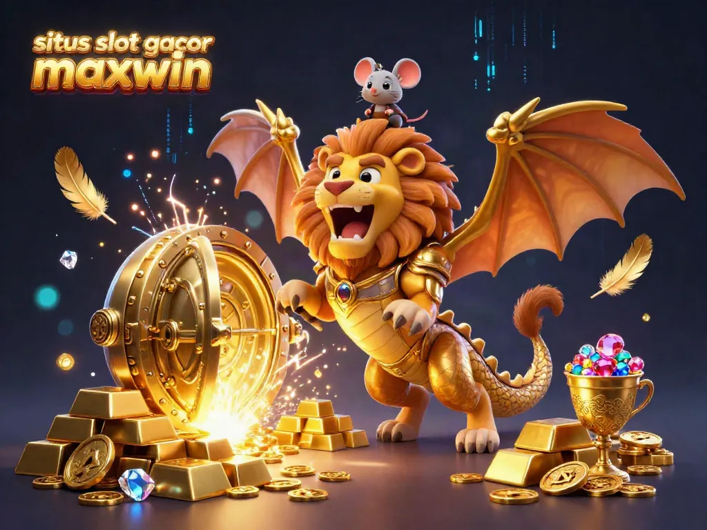 Situs slot gacor maxwin showcases an exhilarating scene of a chimera creature in golden armor, surrounded by treasure and jackpots.
