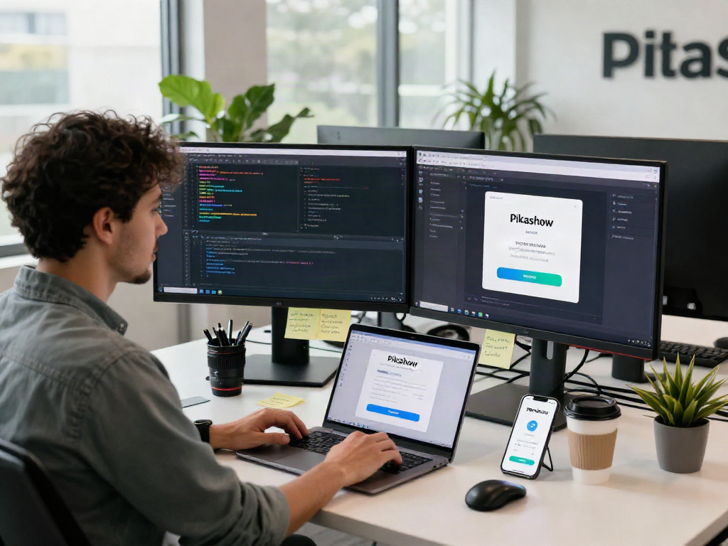 Pikashow app download in modern workspace with developer coding, multiple screens, and natural light.