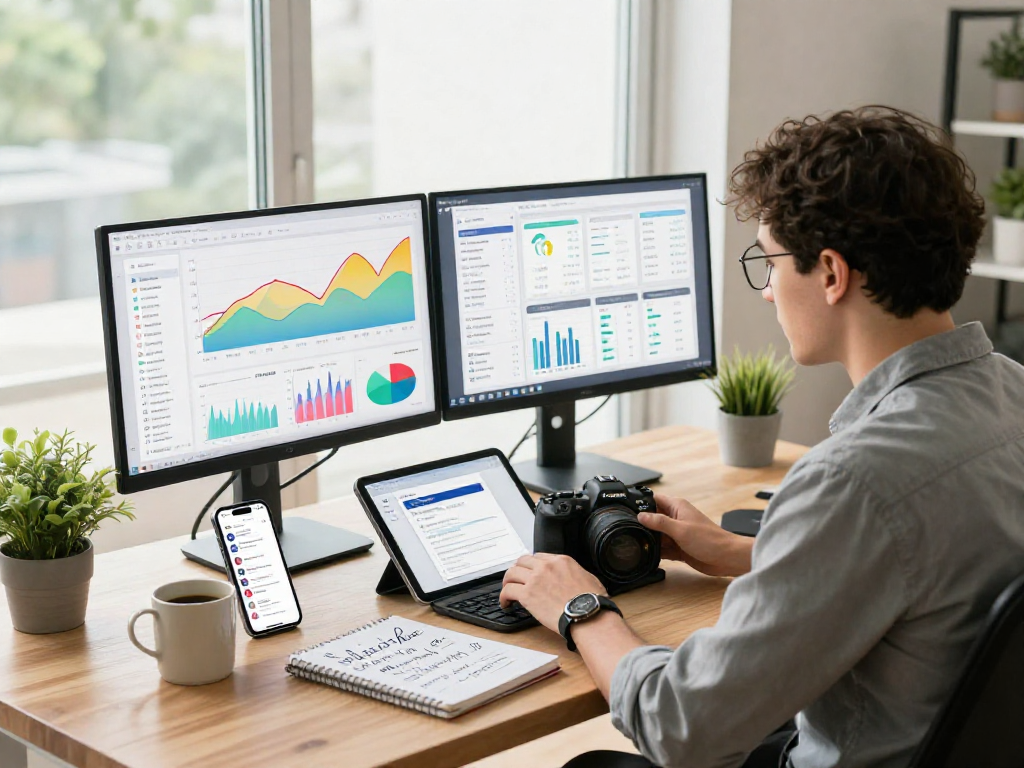 Marketer analyzes app metrics in a bright office, emphasizing strategies to buy app installs.