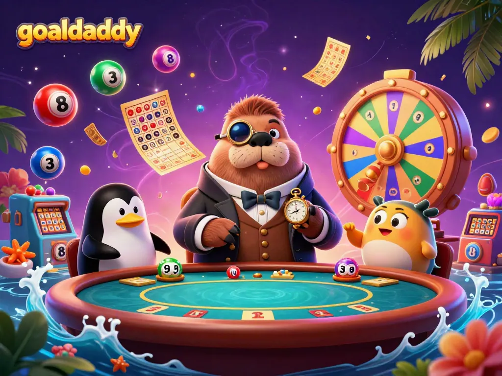 Experience the goaldaddy thrill with a vibrant underwater poker scene featuring a walrus, penguin dealer, and pufferfish player.