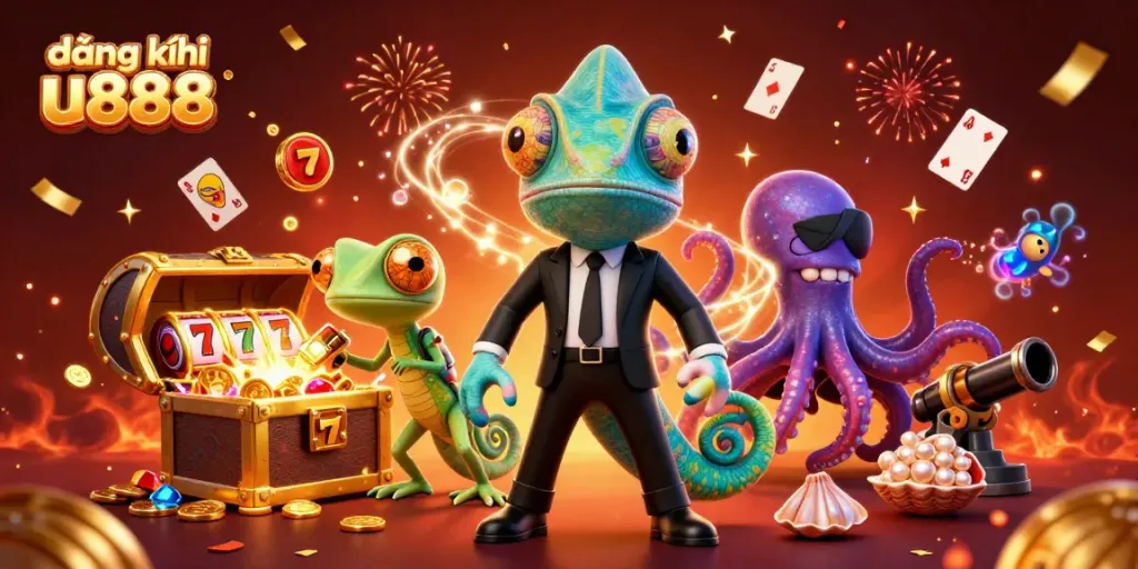 Engage with đăng ký u888 as a colorful chameleon and gecko explore a treasure-filled casino adventure.