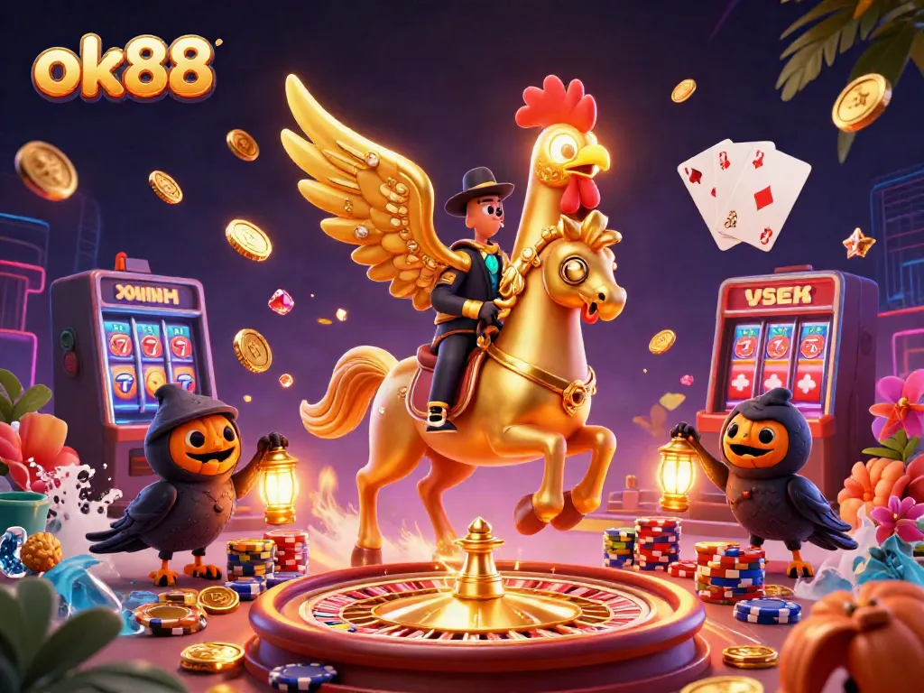 Experience thrilling games and vibrant action at ok88's midnight casino featuring a golden rooster and friends.