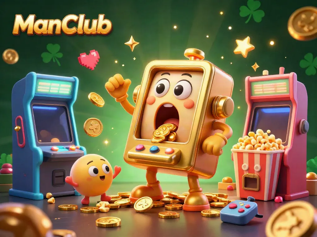 ManClub's golden slot machine triumphantly celebrates its jackpot win, surrounded by cheering machines and gaming elements.