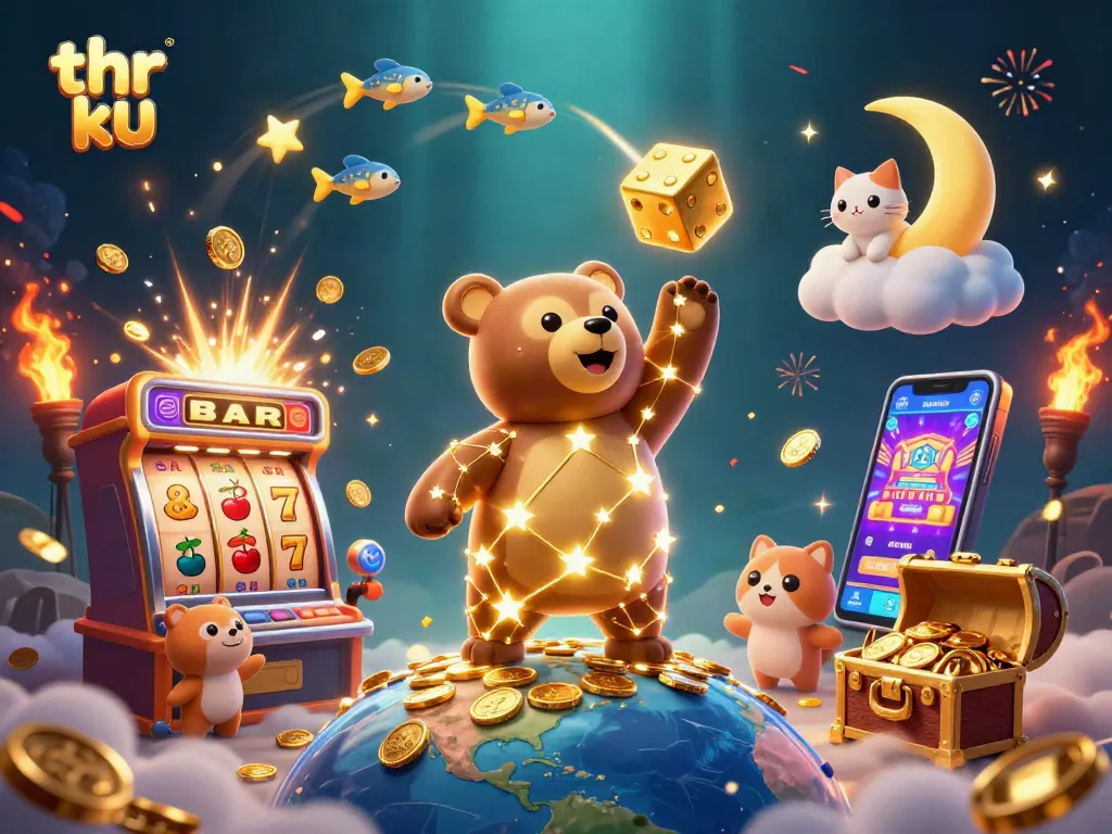 Experience thrilling wins with thr ku in a vibrant casino-themed illustration featuring 3D characters and elements.