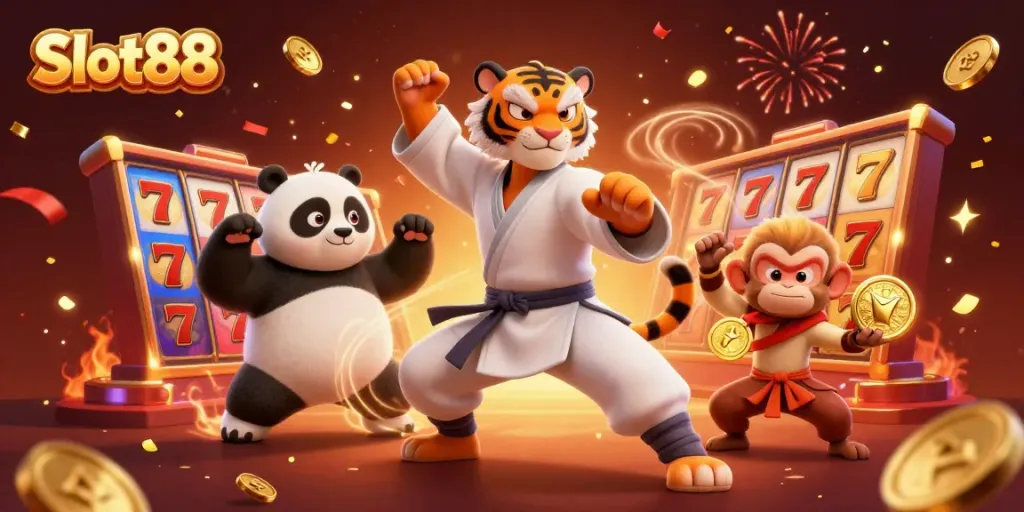 Experience the thrill with Slot88 symbols and characters in a vibrant, celebratory casino scene.