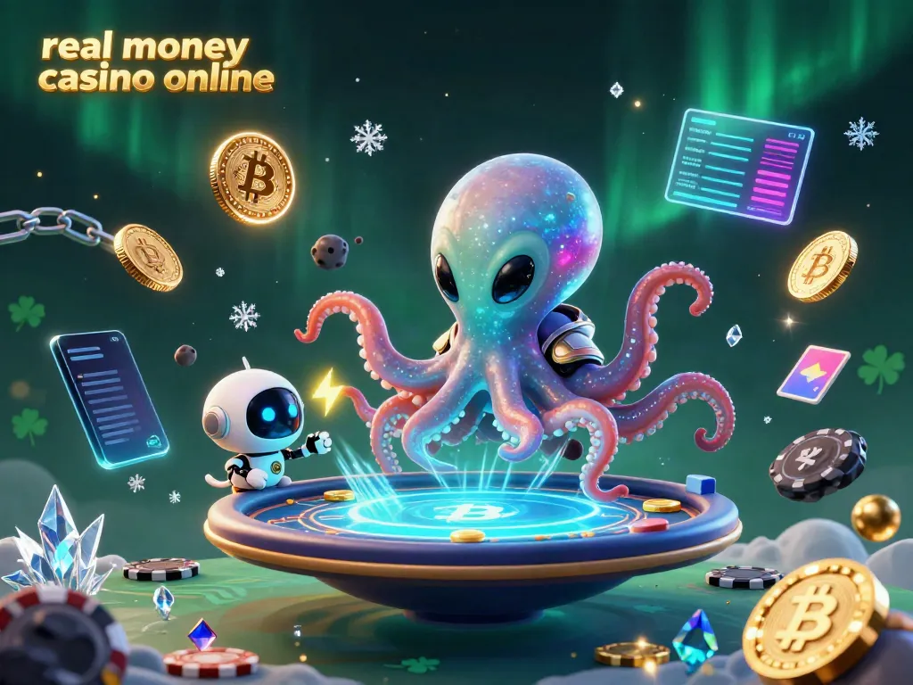 Alien octopus and robot joyfully playing real money casino online at a holographic poker table.