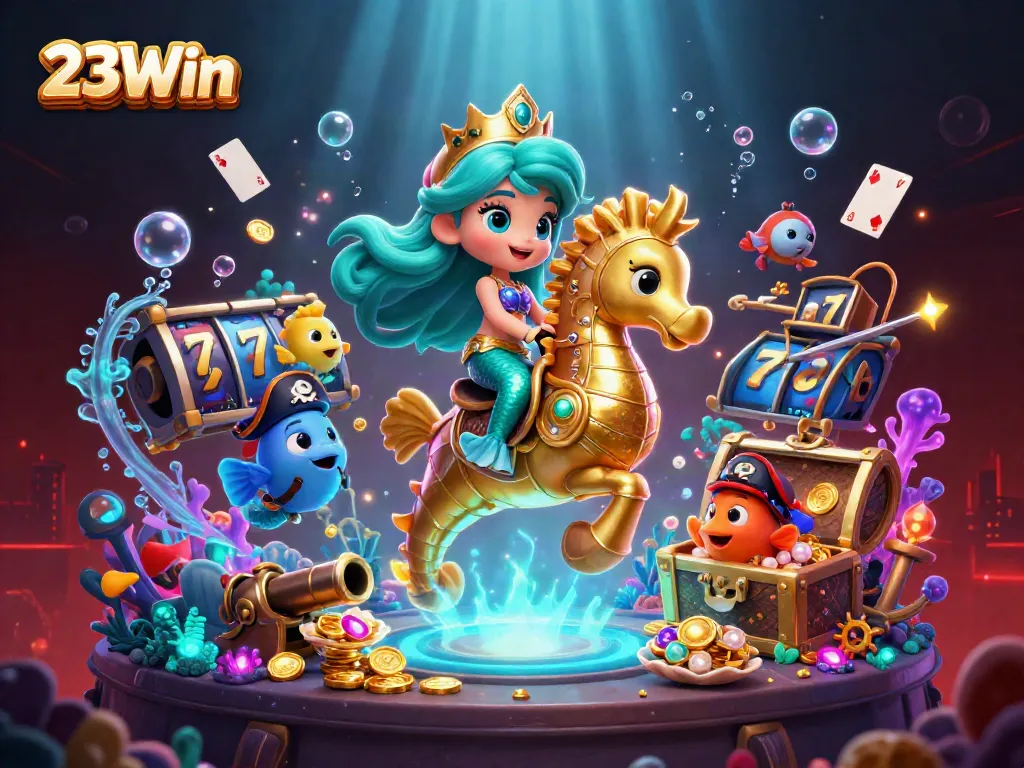 Bet big with 23Win's vibrant underwater casino adventure featuring slot reels and treasure galore!