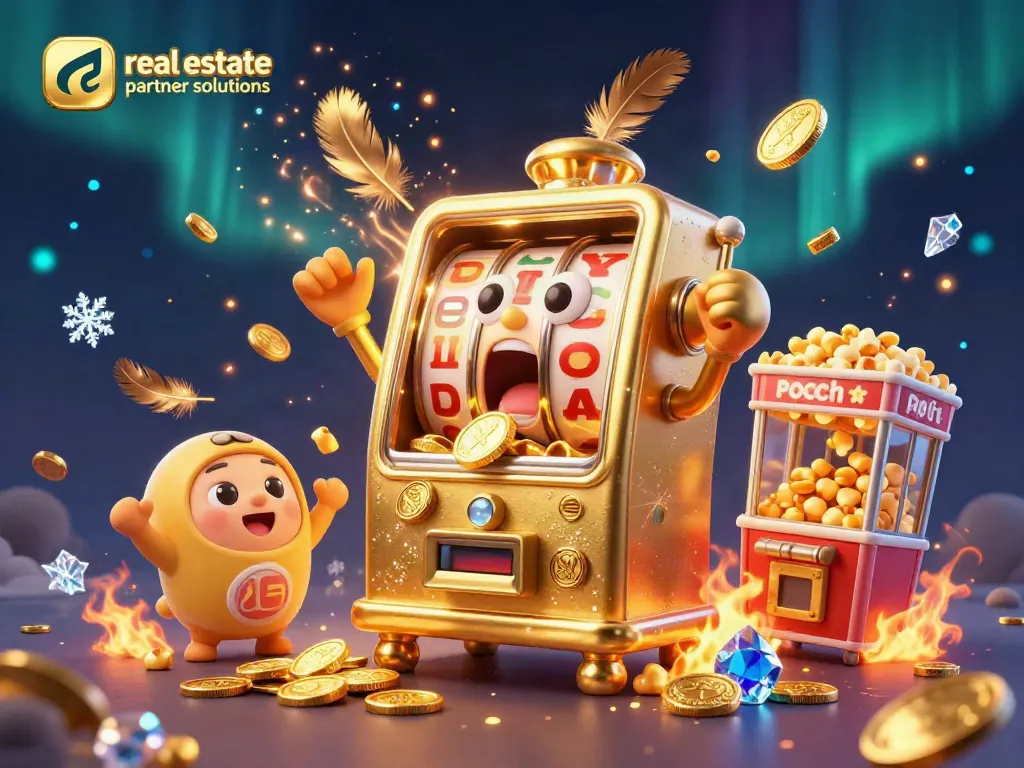 Spin the reels of real estate partner solutions while the golden slot machine hits the jackpot, emphasizing excitement!