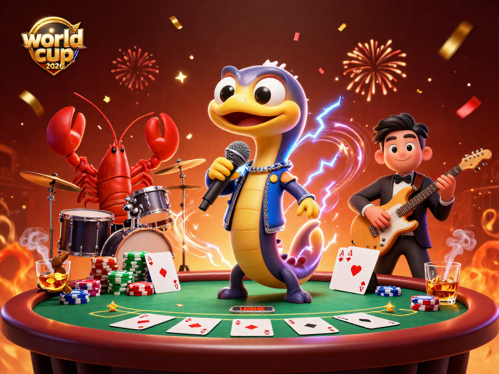 Engage with the world cup 2026 logo at an underwater casino, as a DJ eel entertains with poker elements.