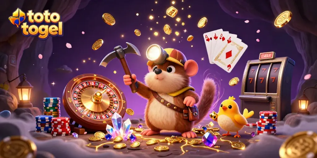 Engage with thrilling toto togel action as a treasure hunter mole navigates a gem-filled cave, surrounded by casino elements.