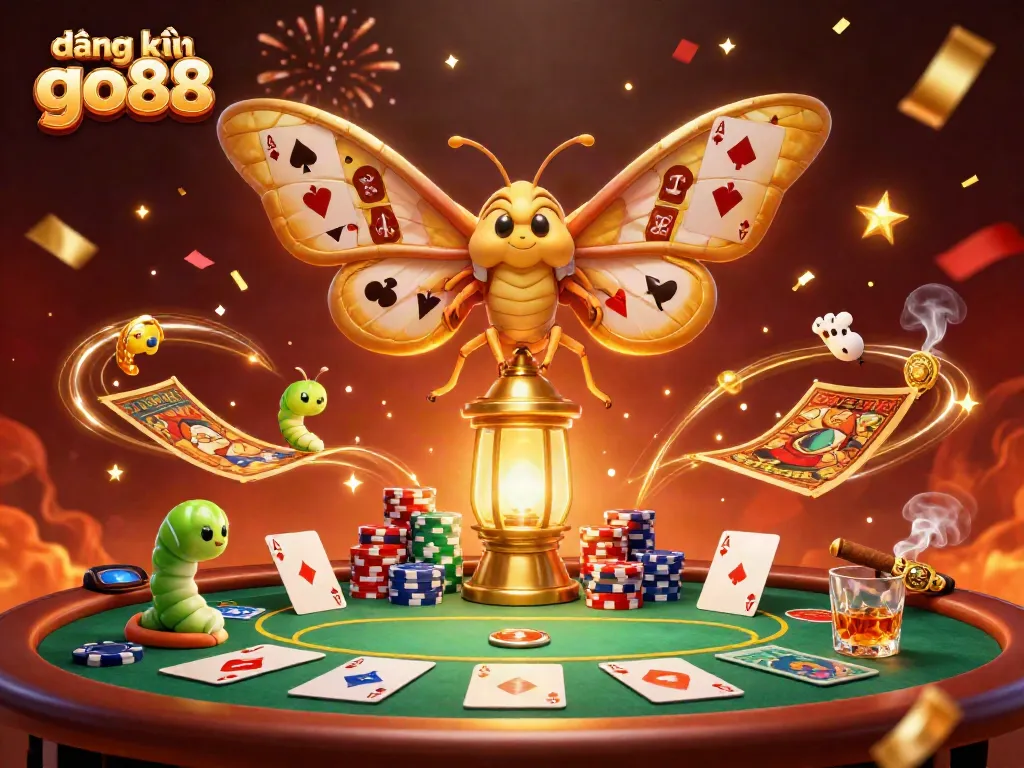 Join the excitement of đăng ký go88 with colorful card suits and golden moths in this casino scene.