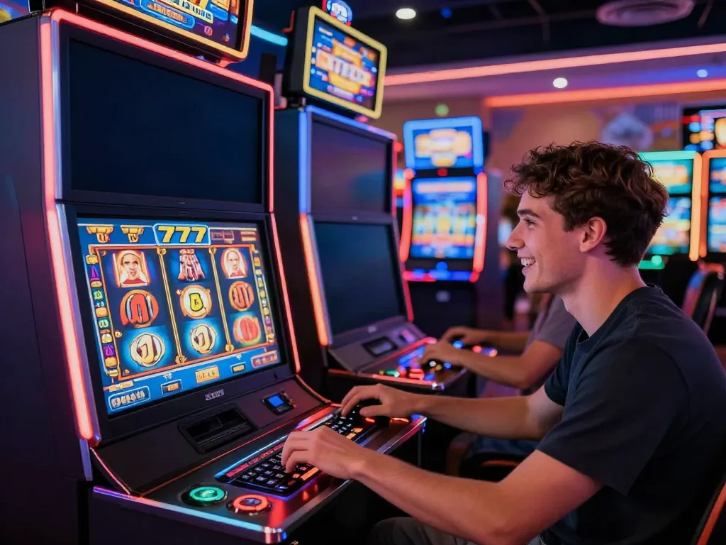 Pemain antusias menikmati pengalaman slot777 di kasino modern dengan suasana penuh warna.