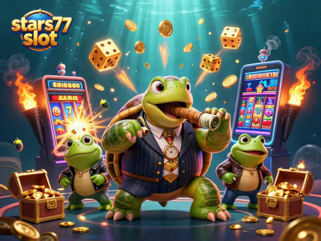 Menangkan permainan di stars77 slot dengan gambar menarik dari slot machine yang penuh koin dan simbol keberuntungan.