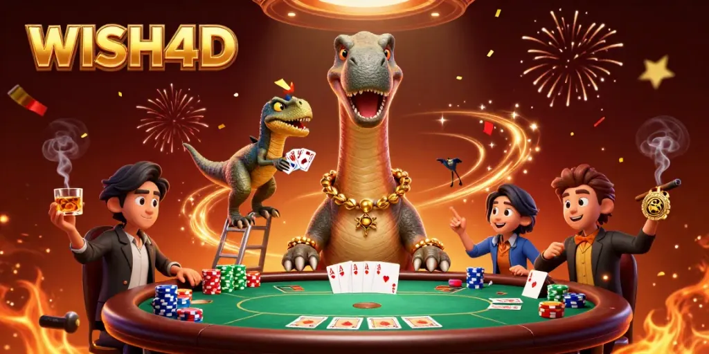 Engage with WISH4D's thrilling casino adventure featuring a brontosaurus and raptor at a dynamic poker table.