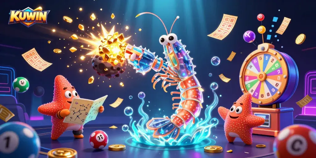 Kuwin offers an exciting gambling experience featuring vibrant lottery balls, golden tickets, and dynamic gaming elements.