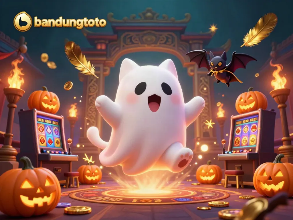 Engage with bandungtoto's vibrant casino adventure featuring a friendly ghost cat, vampire bat, and glowing jack-o-lanterns.