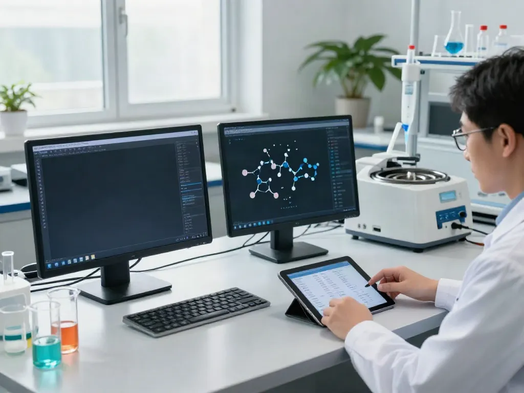 Researcher analyzing peptide list and prices on a digital workspace.