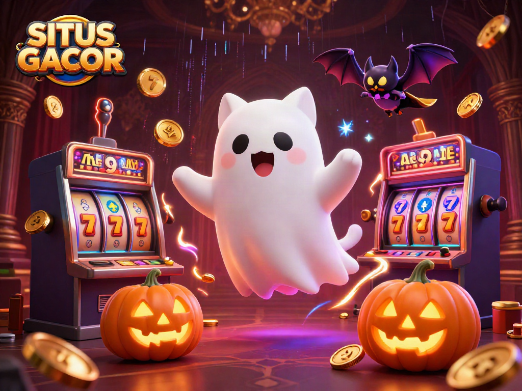 SITUS GACOR showcases a lively casino scene with a friendly ghost cat and vampire bat amidst slot reels.