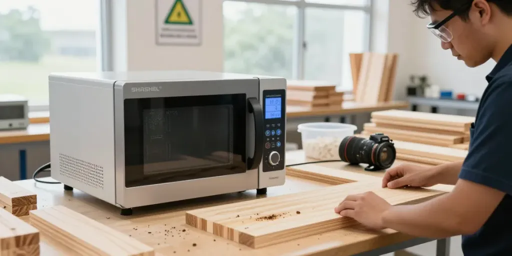 SHASHEL® microwave equipment treating wood-boring insects in workshop.