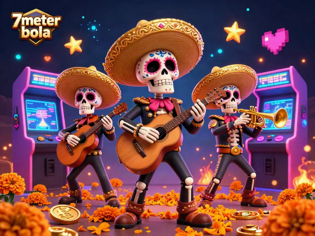 Experience vibrant action in 7meter bola with a dynamic skeleton mariachi band amidst arcade delights.