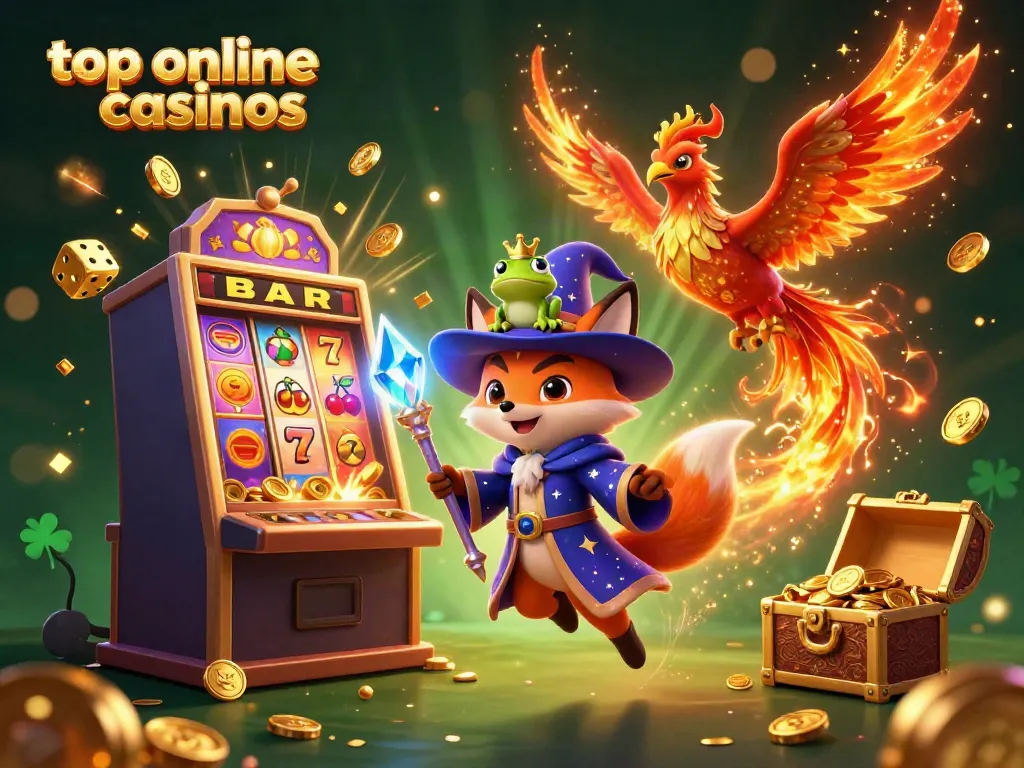 Engage with top online casinos through an enchanting scene of a wizard fox and phoenix amidst a jackpot explosion.