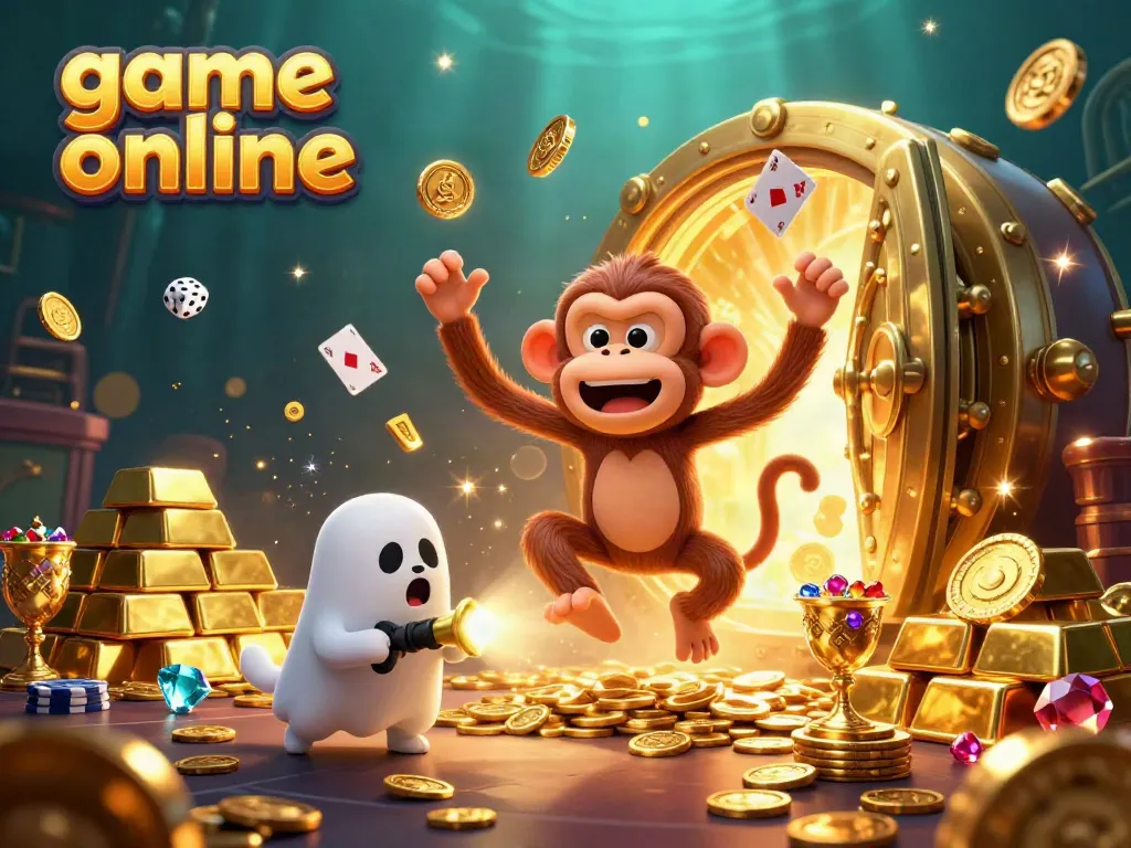 Experience game online thrills with the mischievous monkey juggling golden treasures in a haunted casino scene.