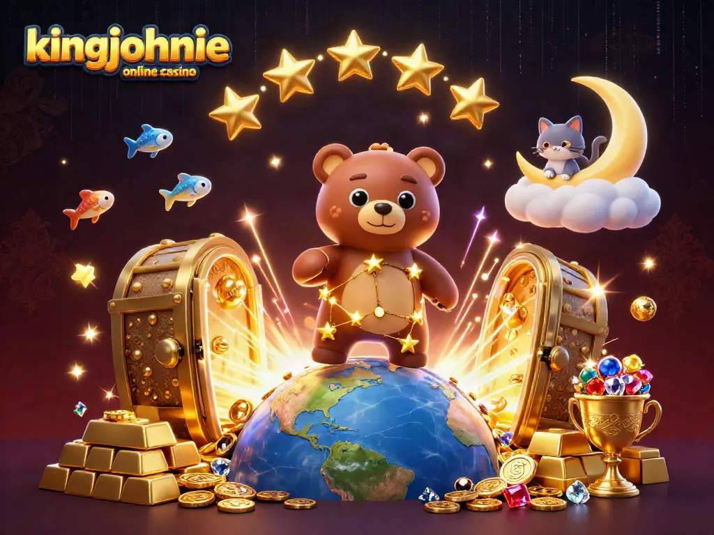 Experience the kingjohnnie online casino with a dazzling scene of winning gold and stars.