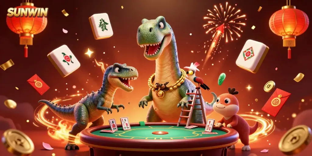 Experience the excitement of SUNWIN with a dynamic casino scene featuring a brontosaurus and clever raptor dealing cards.