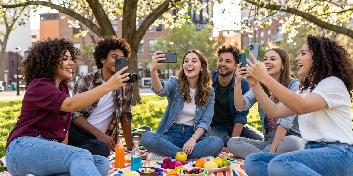 Group of friends enjoying a picnic while comparing how old do I look results from a smartphone app in a vibrant park.