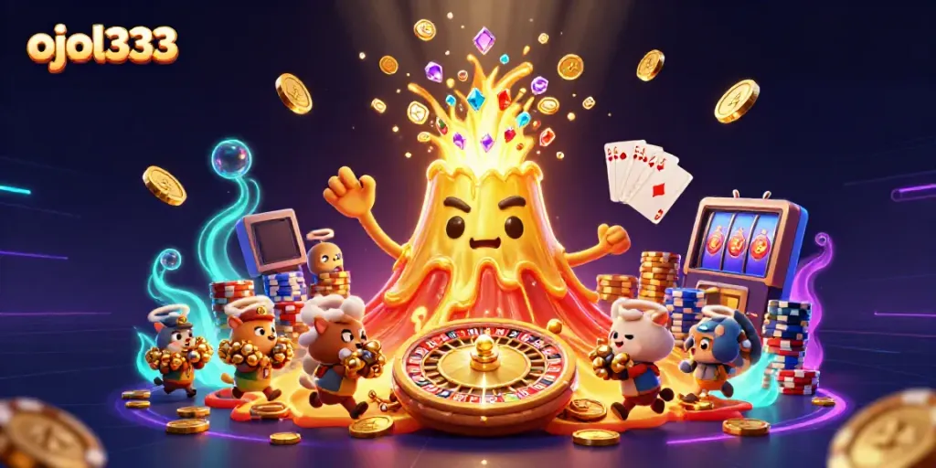 Experience the thrill of ojol333 with a volcano erupting coins and treasures in a vibrant casino scene.