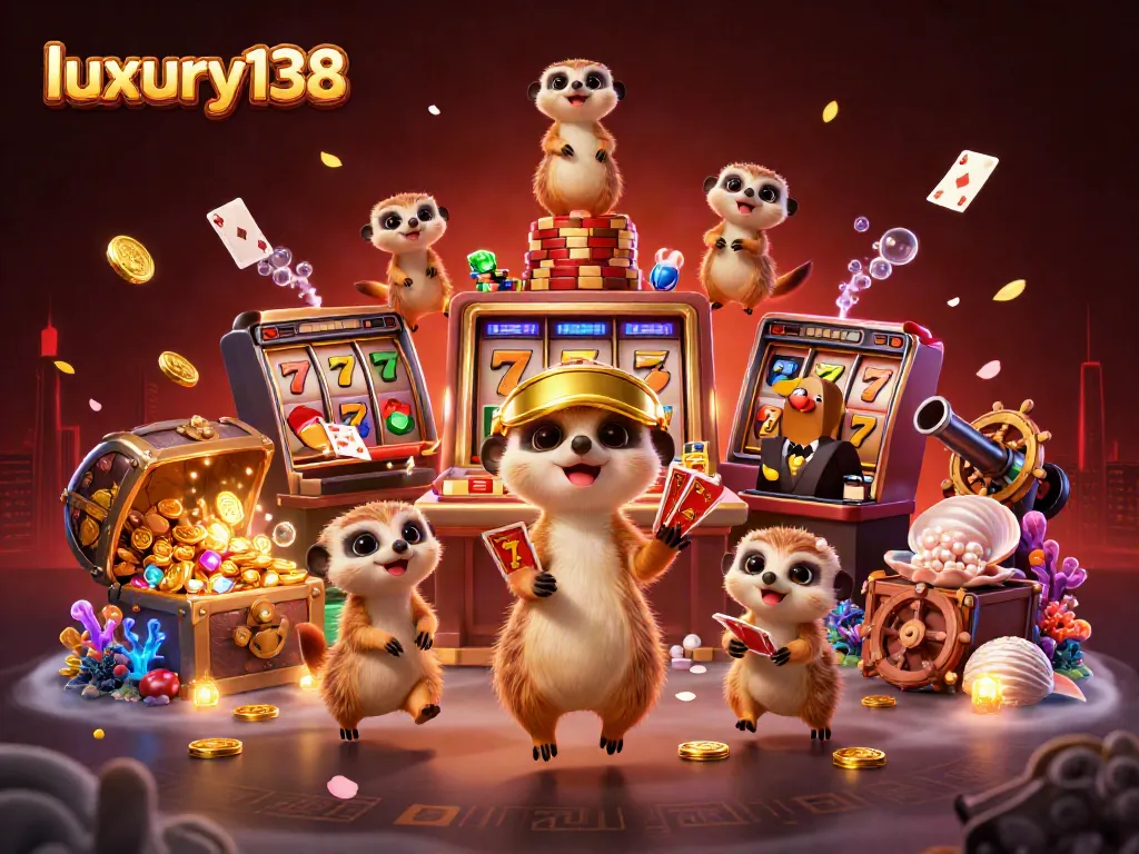 Luxury138 meerkats operating a vibrant casino, showcasing slot machines and dynamic gaming elements.