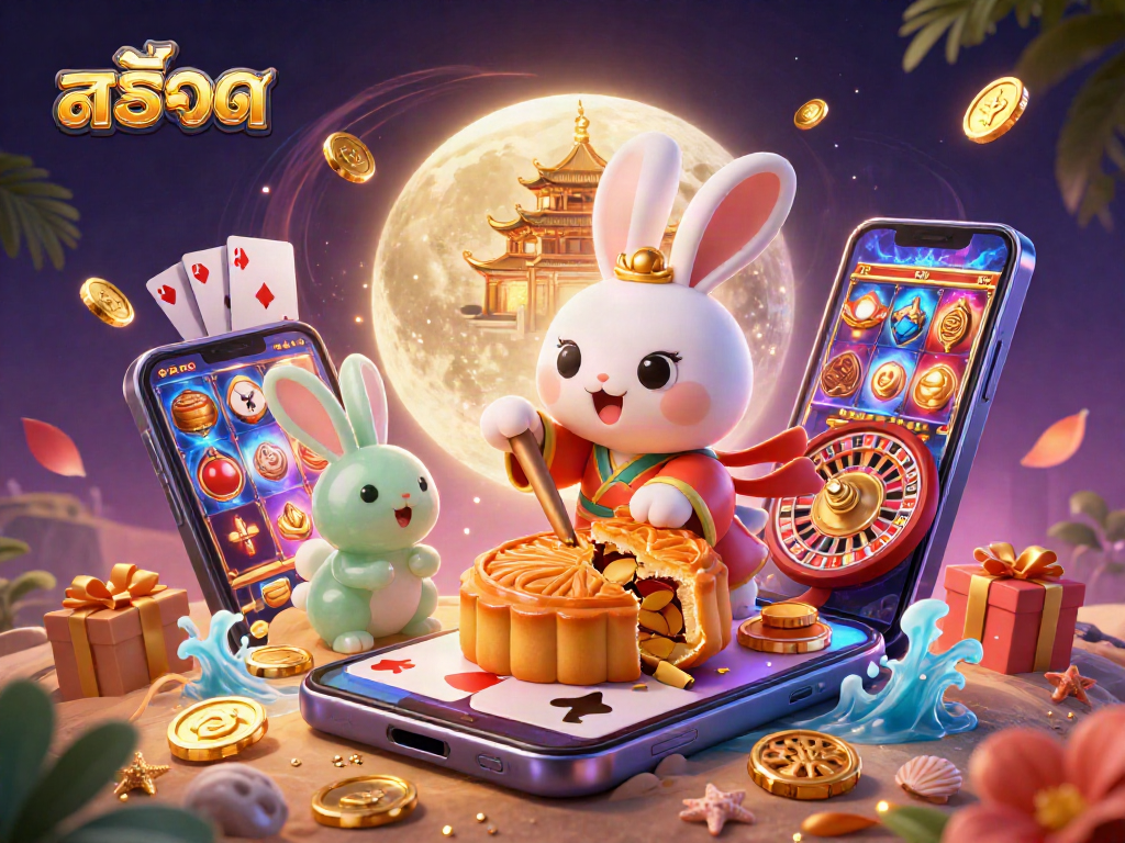 Engage with สล็อต gaming as a moon rabbit reveals poker chips from mooncakes.