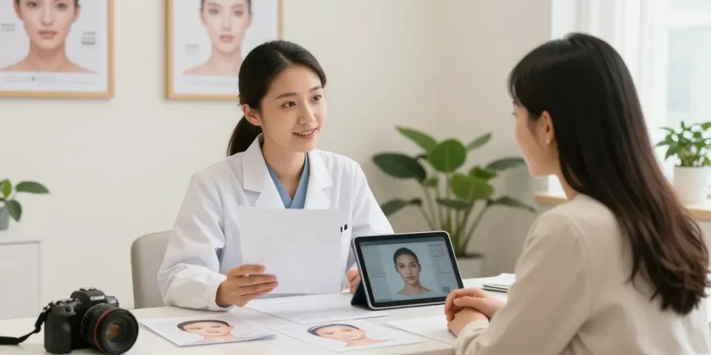 Consultation scene for Alternatives to QOVES with aesthetics analysis report and client.