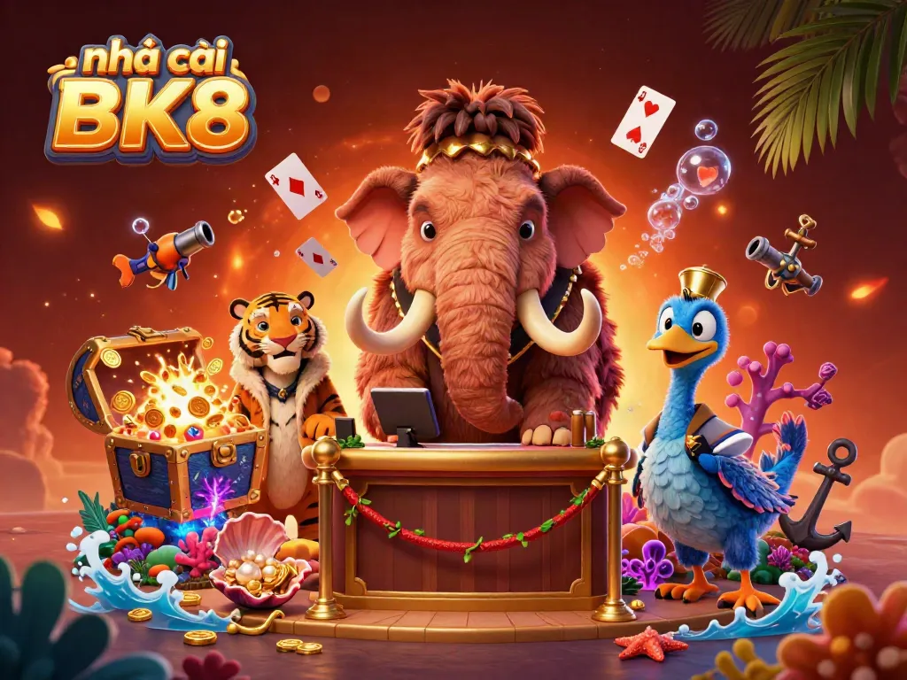 Experience the dynamic scene of nhà cái BK8 featuring a woolly mammoth bouncer and vibrant casino elements.