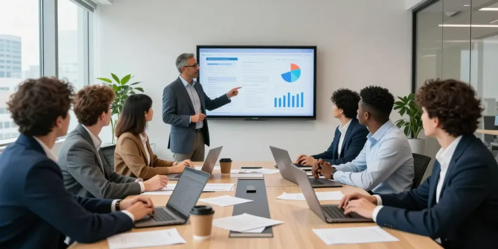 Michael Rustom facilitating a strategy session in a modern office setting