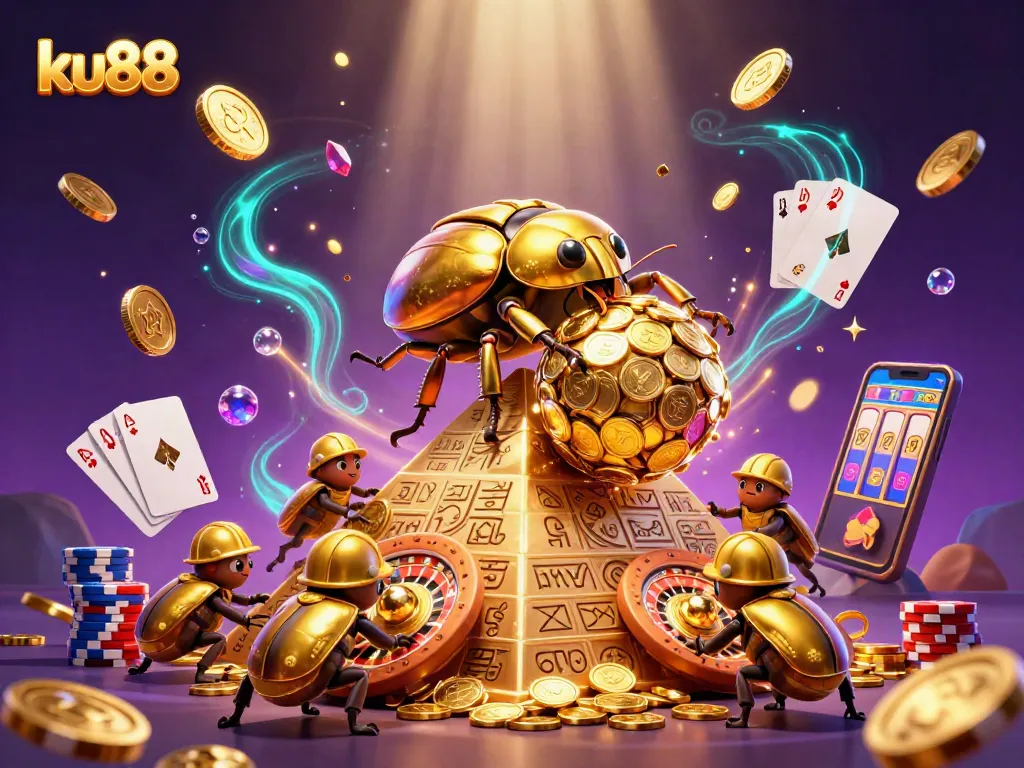 Experience thrilling gameplay at ku88 with 3D characters immersed in a casino spectacle of coins and cards.