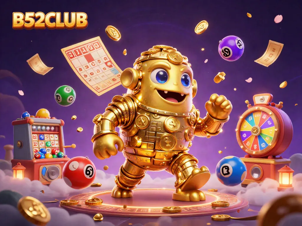 Engage with B52CLUB's vibrant casino gaming scene featuring dynamic elements and a golden golem.