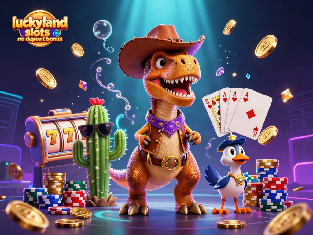 Engage with luckyland slots no deposit bonus while enjoying a lively casino scene featuring a T-Rex, cactus, and roadrunner.