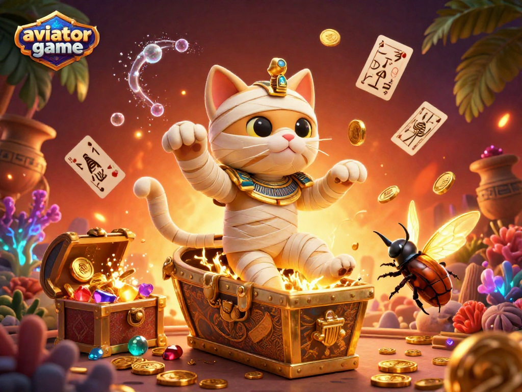 Aviator game illustration with a 3D mummy cat and a scarab beetle in a lavish casino scene, capturing the thrill of gaming.