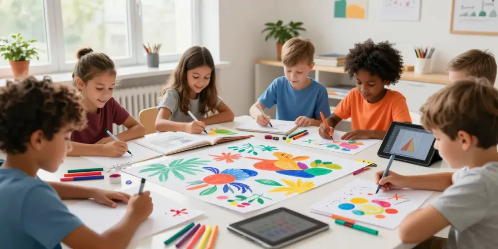 Children exploring creativity with wholesale markers in a bright art studio.