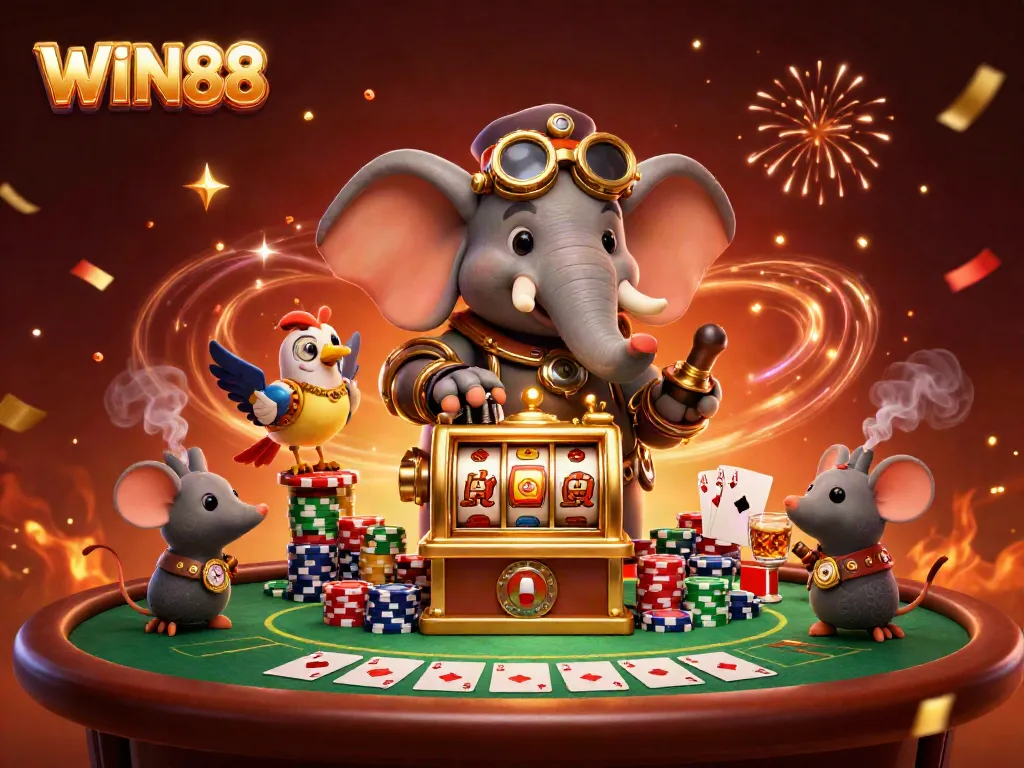 Experience thrilling slot action at WIN88 with steampunk characters and vibrant casino elements.