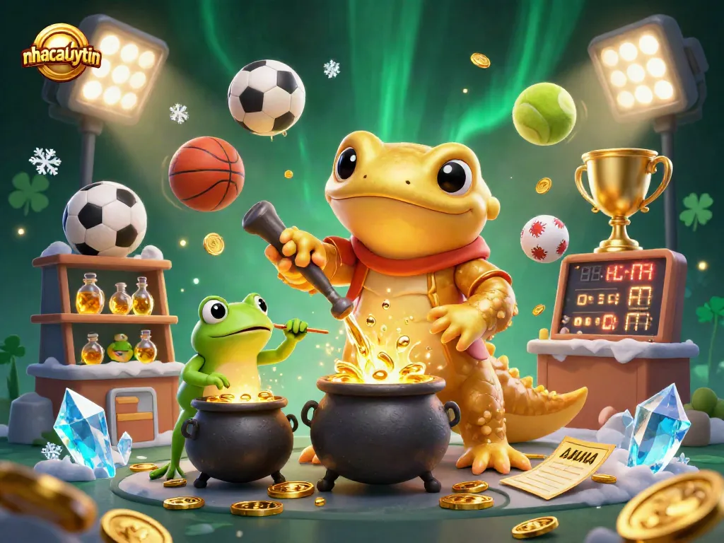 Experience the magic of nhacaiuytin with a golden alchemist and sports betting elements in a vibrant 3D illustration.
