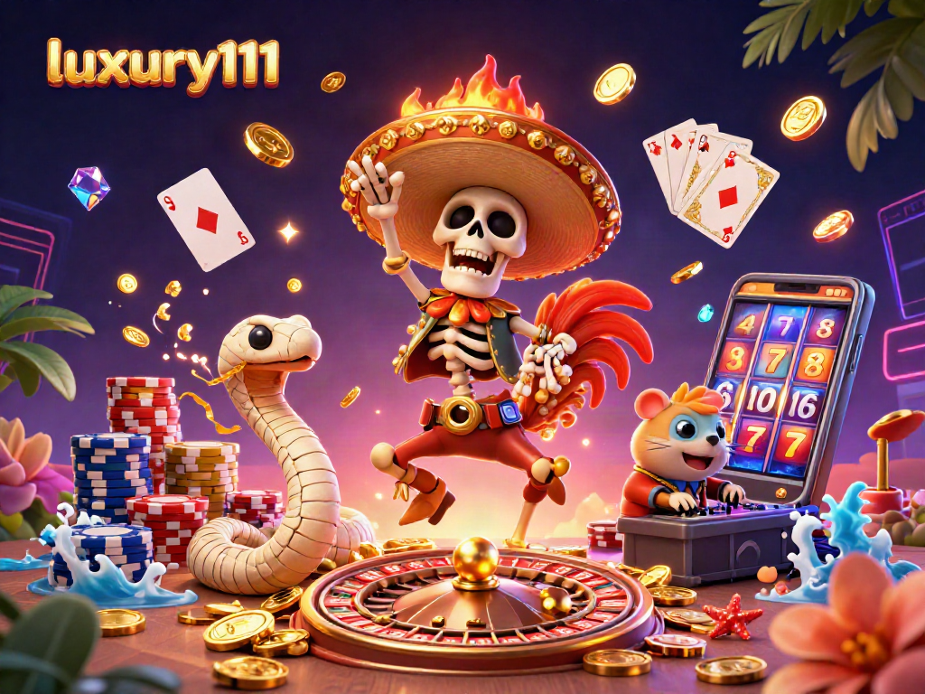 Experience the thrill of winnings with luxury111 in this vibrant casino scene featuring dynamic games and festive characters.