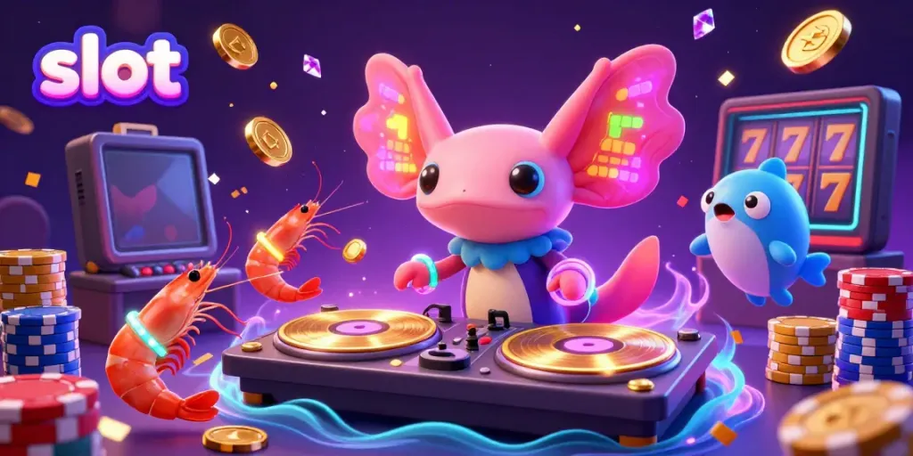 Experience the thrill of slots with vibrant characters and dynamic casino elements in a festive scene.